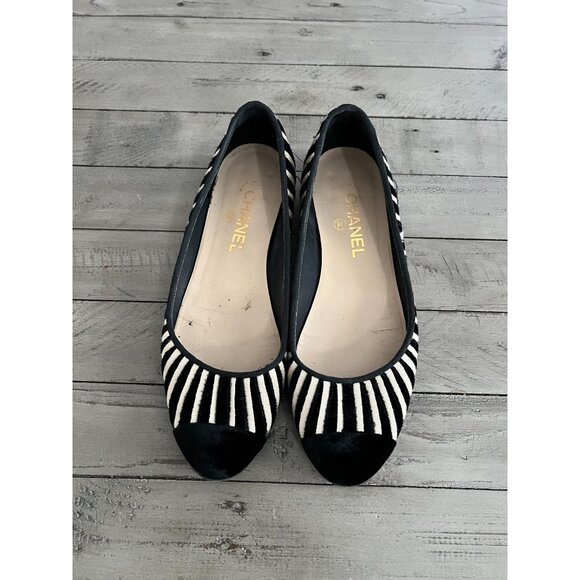 CHANEL Black Ivory Velvet Zebra Striped CC Ballet Flats Size 39 9 - Picture 3 of 13